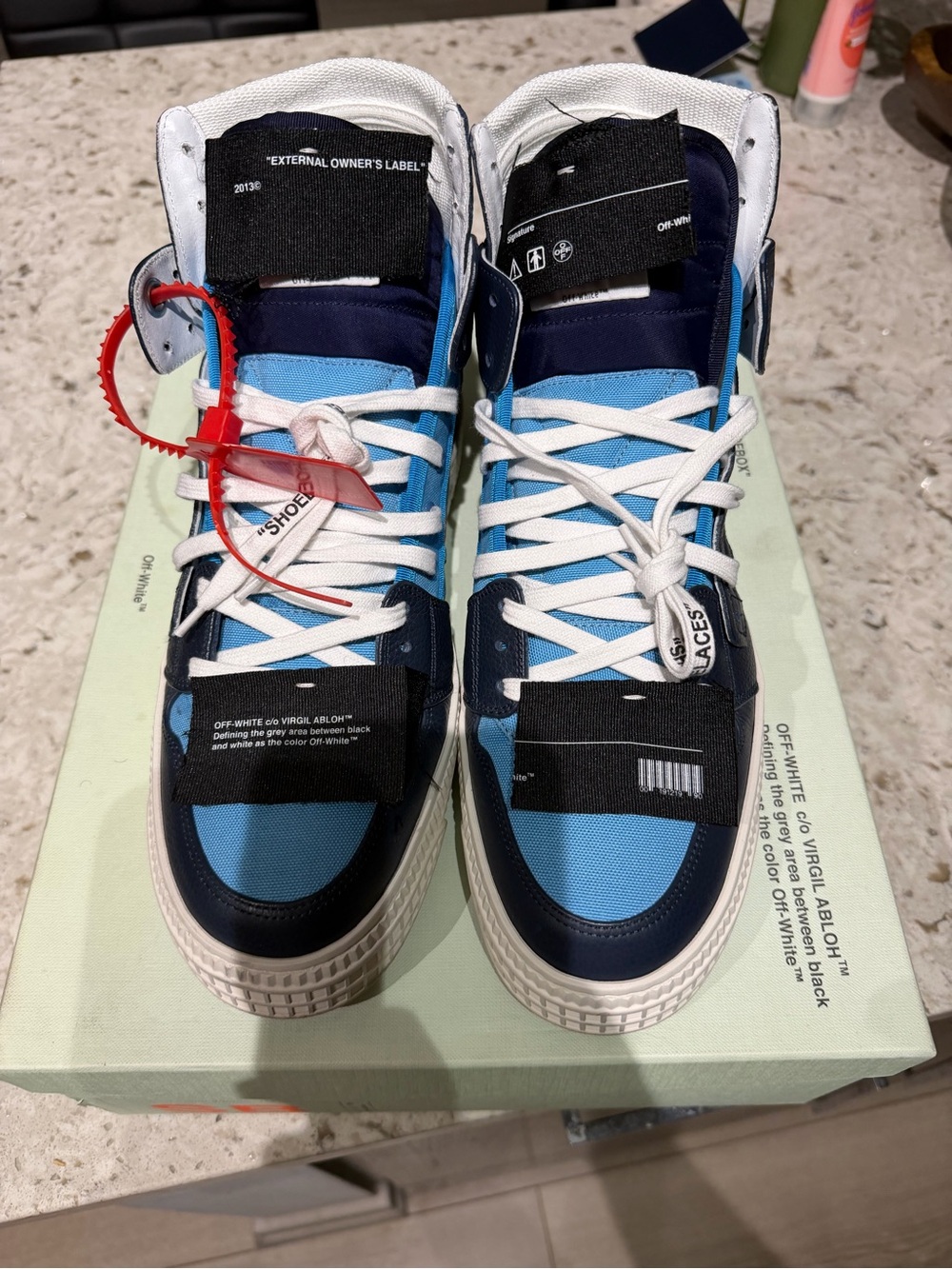 Off-White Two-Tone Blue High-Top Sneakers with Red Zip-Tie